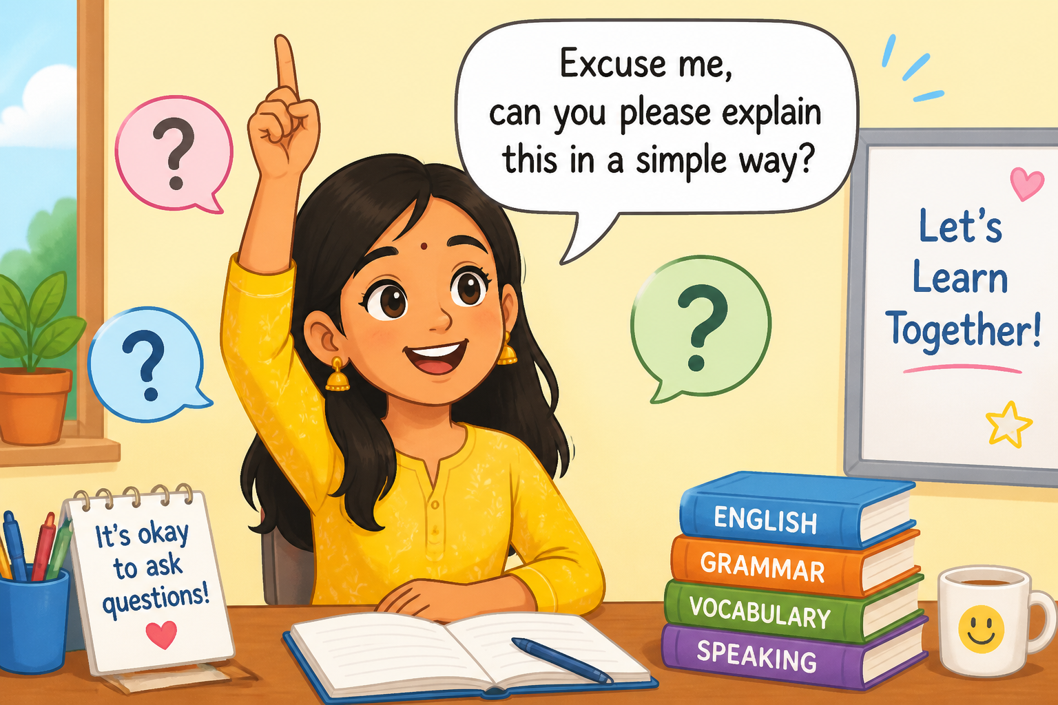 A beginner asking simple English questions in conversation