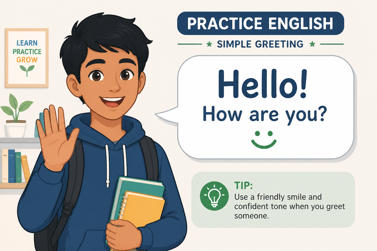 A Hindi-speaking beginner practicing a simple English greeting with confidence