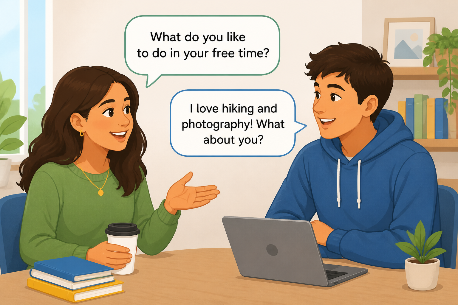 Two people having a short beginner English conversation